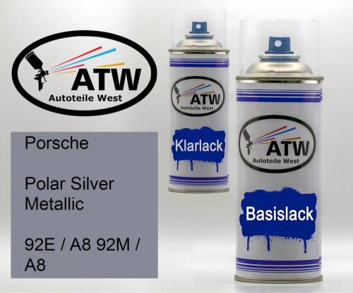 Porsche, Polar Silver Metallic, 92E / A8 92M / A8: 400ml Sprühdose + 400ml Klarlack - Set, von ATW Autoteile West.
